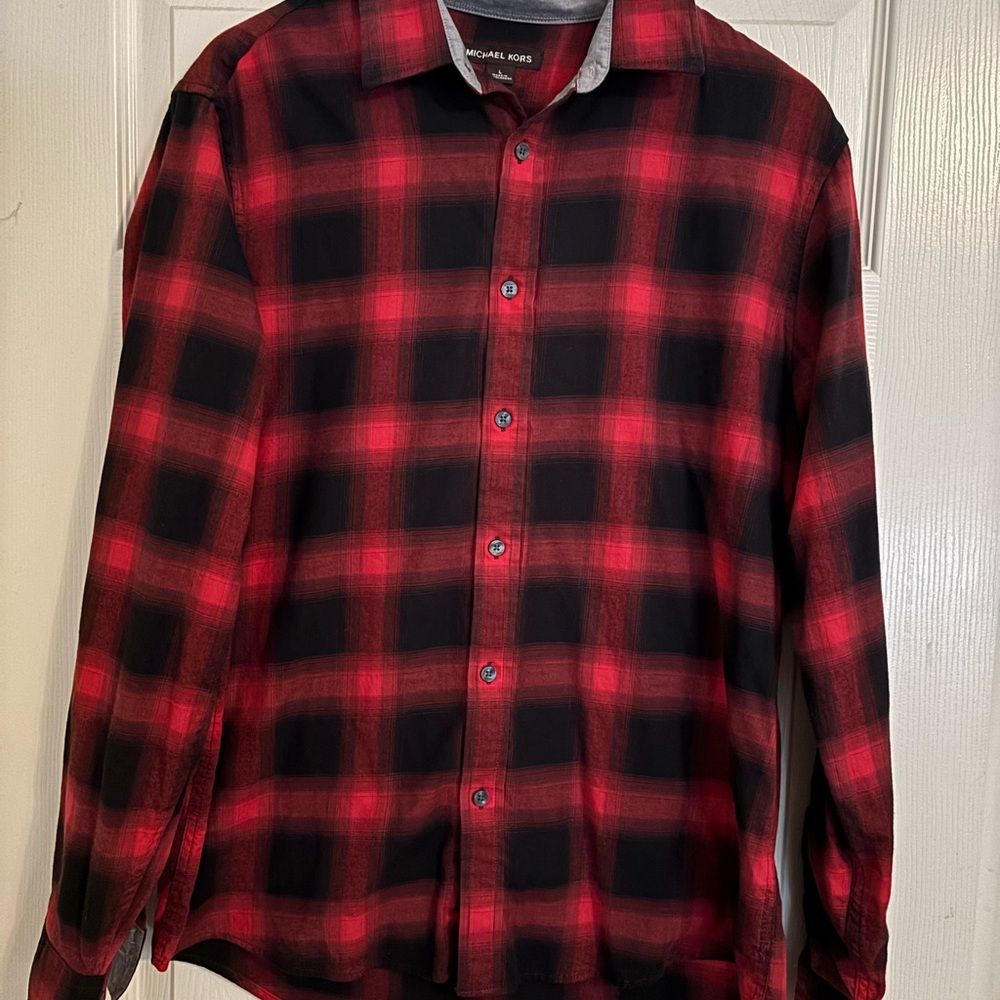 Michael Kors Men's Bold Red and Black Checkered Shirt